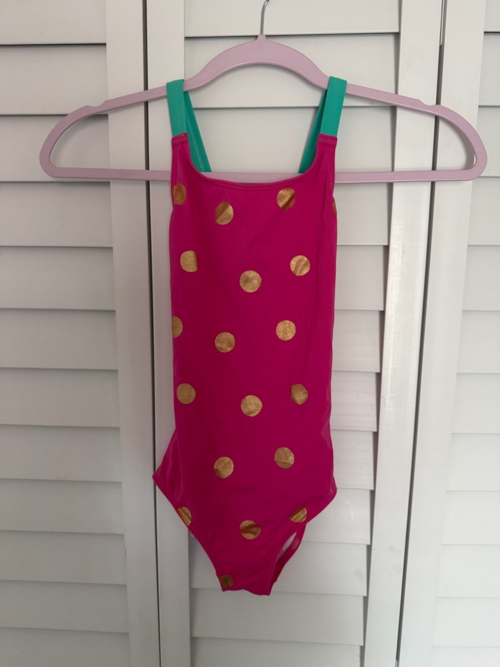 Mini Boden Hot Pink One-Piece Swimsuit with Gold Polka Dots and Teal Straps